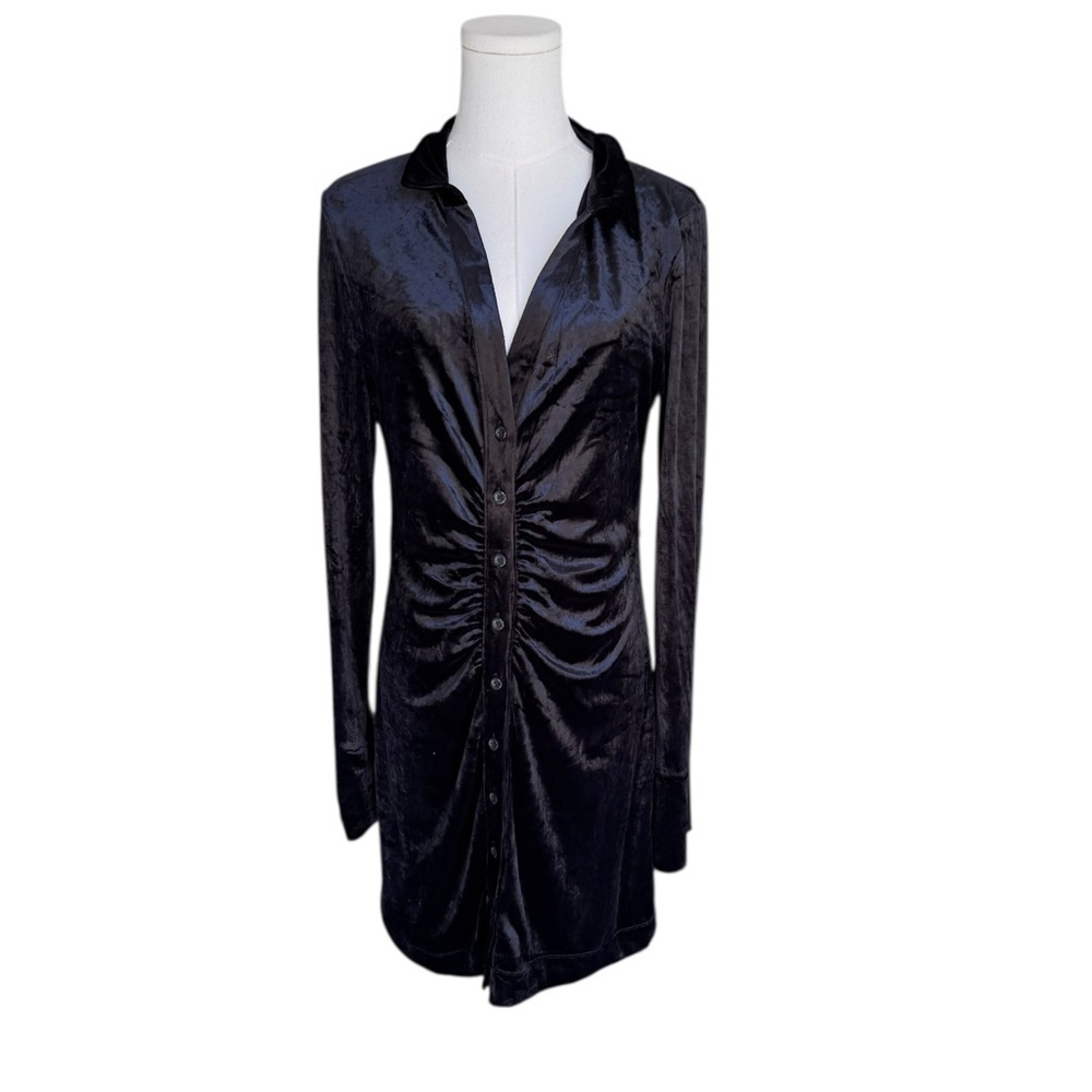 Free People - Shayla Velvet Button-Down Ruched Long Sleeve Mini Dress Sz M - Picture 4 of 10